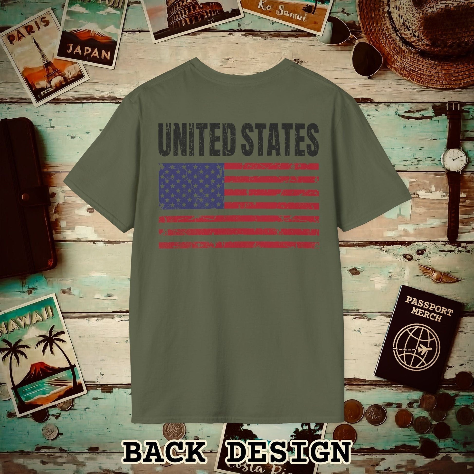 USA Vintage Flag Back Print T-Shirt Military Green / S