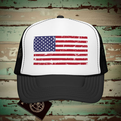 USA Vintage Flag Trucker Hat Black/White / One size