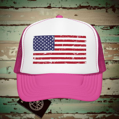 USA Vintage Flag Trucker Hat Hot Pink/ White/ Hot Pink / One size