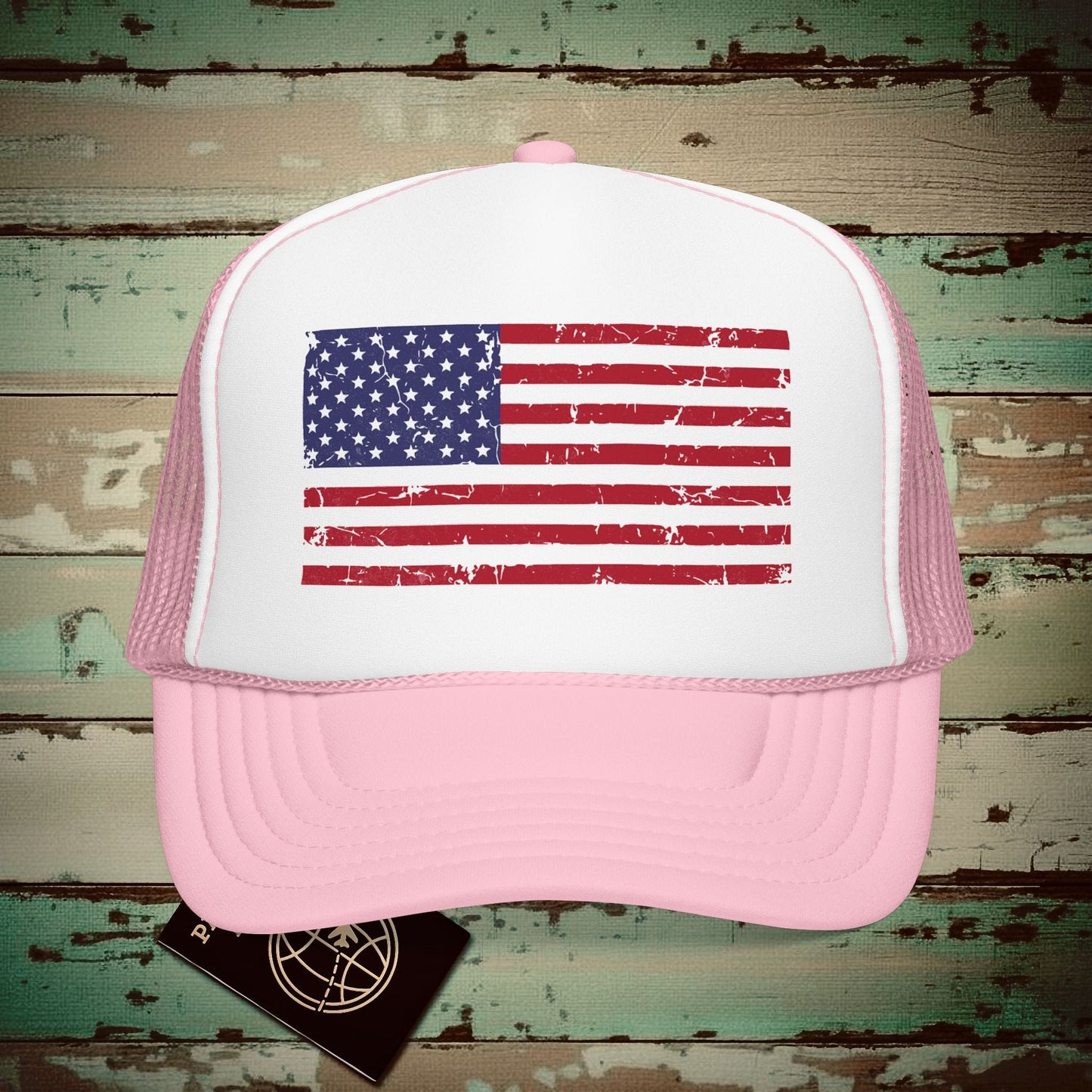 USA Vintage Flag Trucker Hat Light Pink/White / One size
