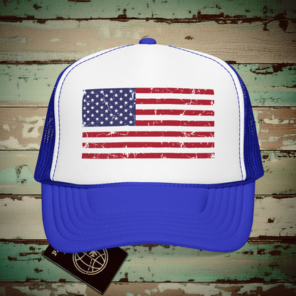 USA Vintage Flag Trucker Hat Royal / White / Royal / One size