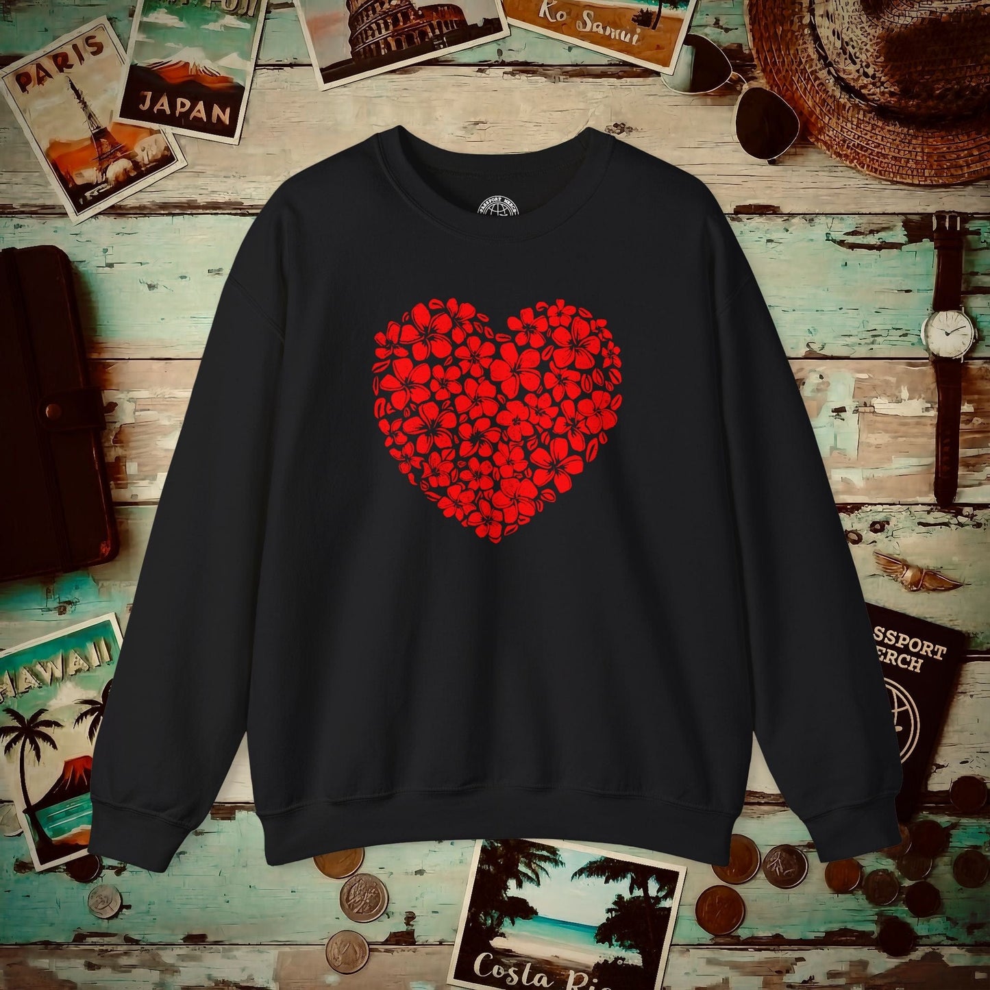 Valentine's Hawaiian Plumeria Heart Crewneck Black / S