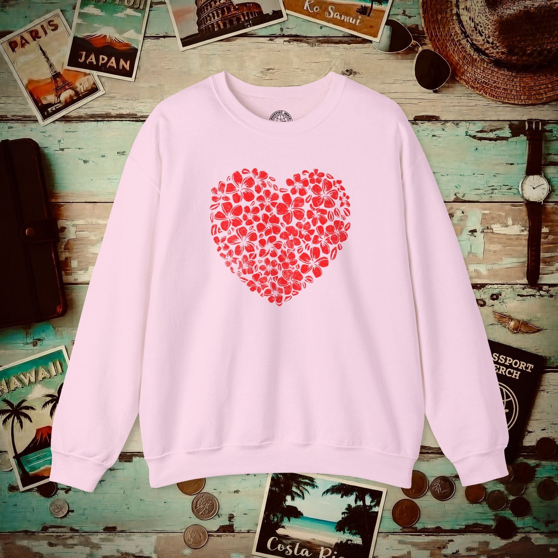 Valentine's Hawaiian Plumeria Heart Crewneck Light Pink / S
