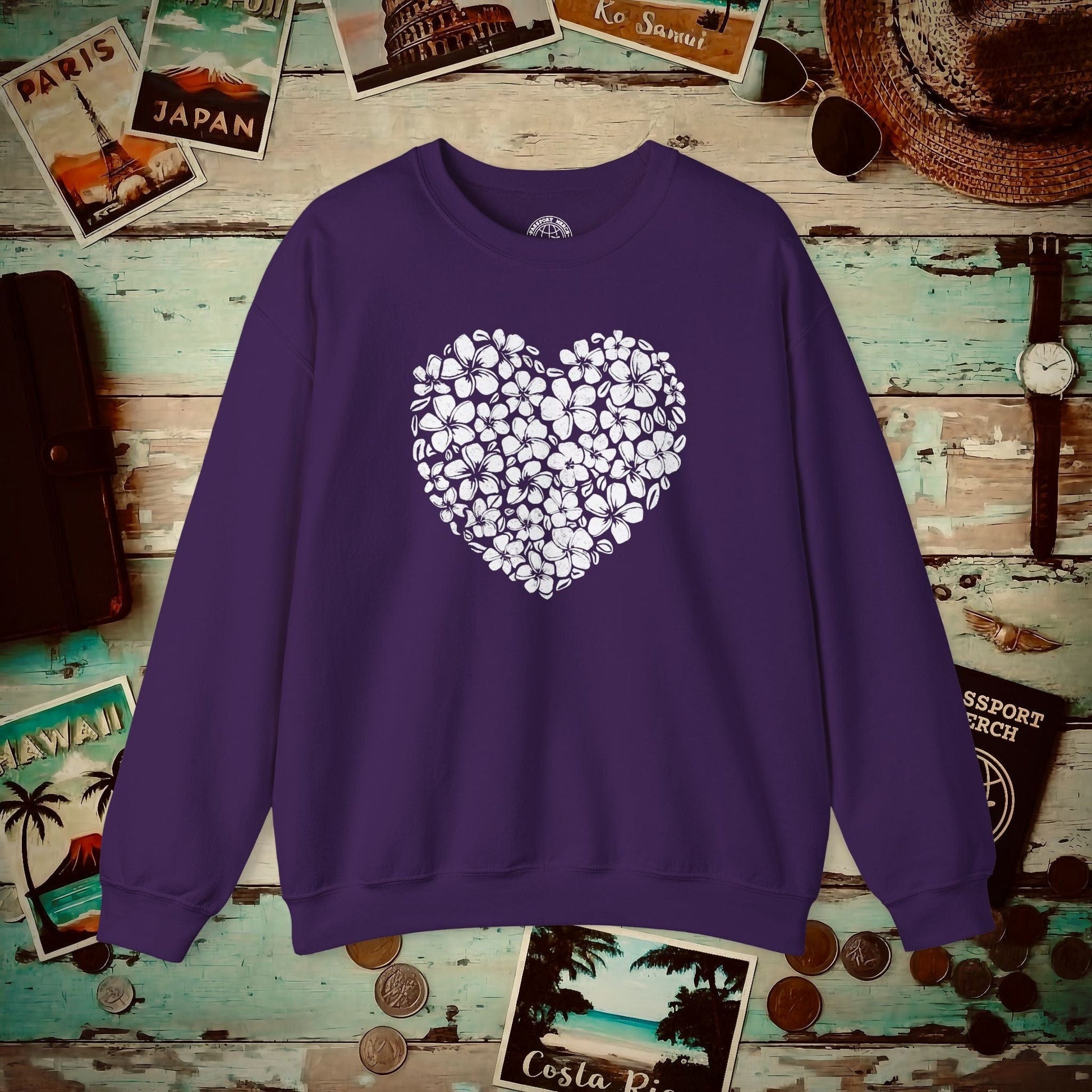 Valentine's Hawaiian Plumeria Heart Crewneck Purple / S