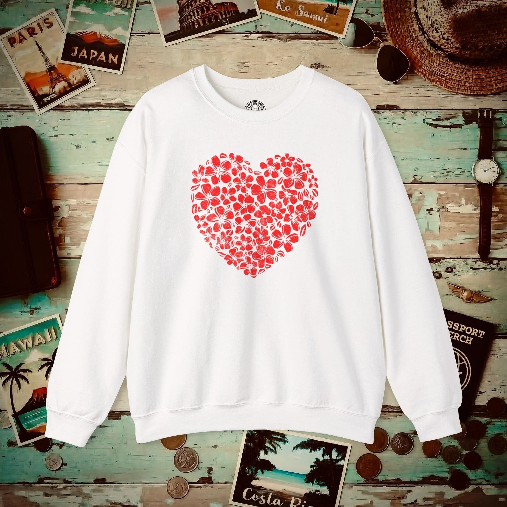 Valentine's Hawaiian Plumeria Heart Crewneck White / S