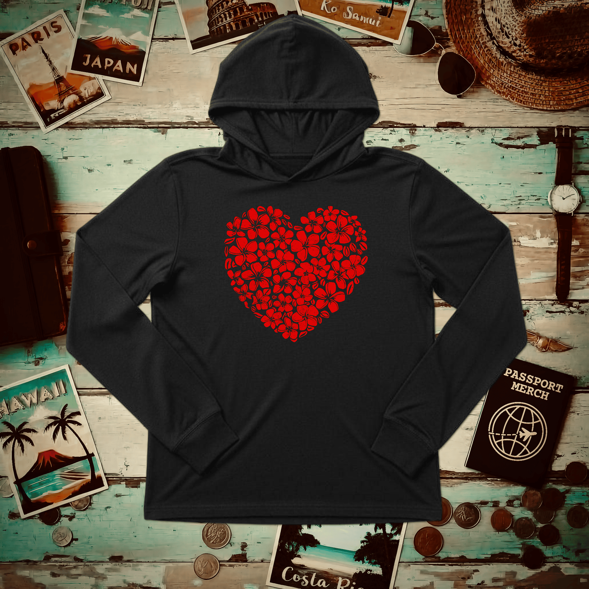 Valentine's Hawaiian Plumeria Heart Hooded Long Sleeve Black / S