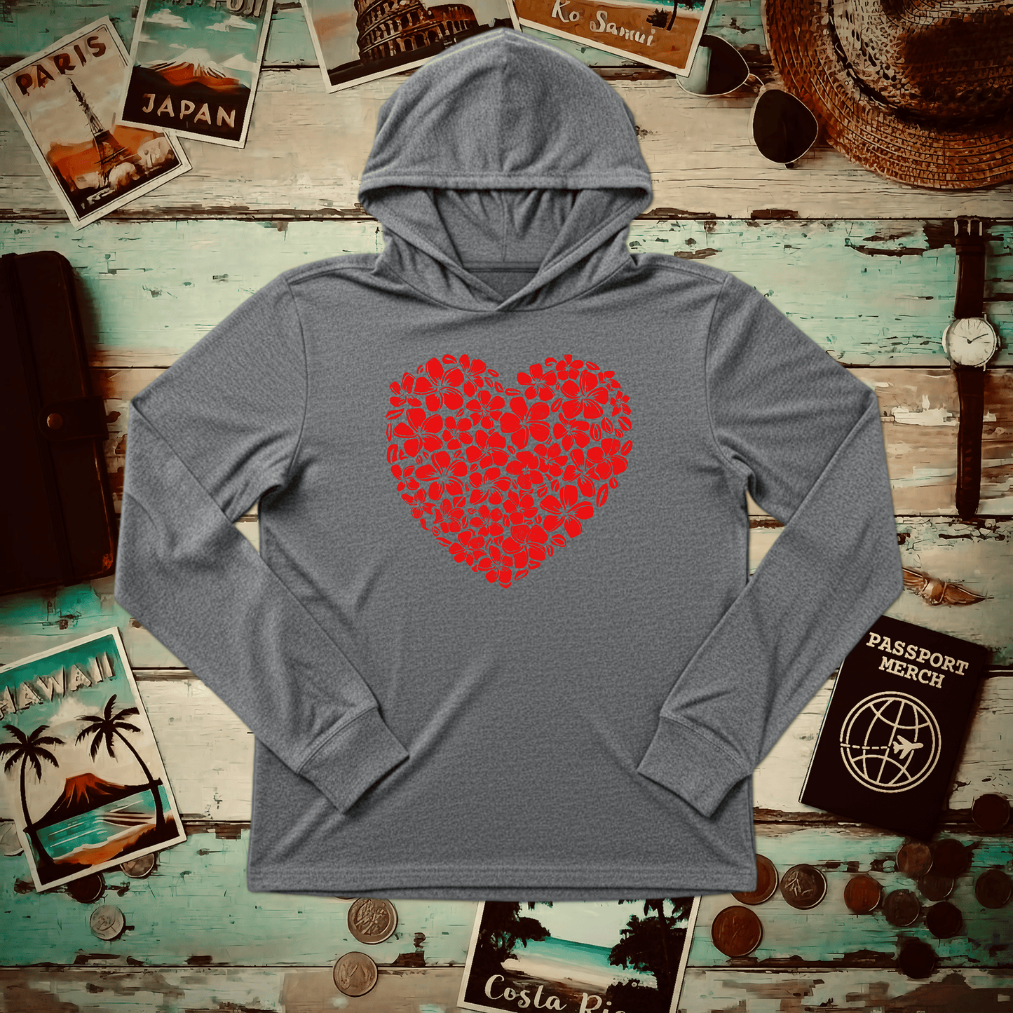 Valentine's Hawaiian Plumeria Heart Hooded Long Sleeve Grey TriBlend / XS