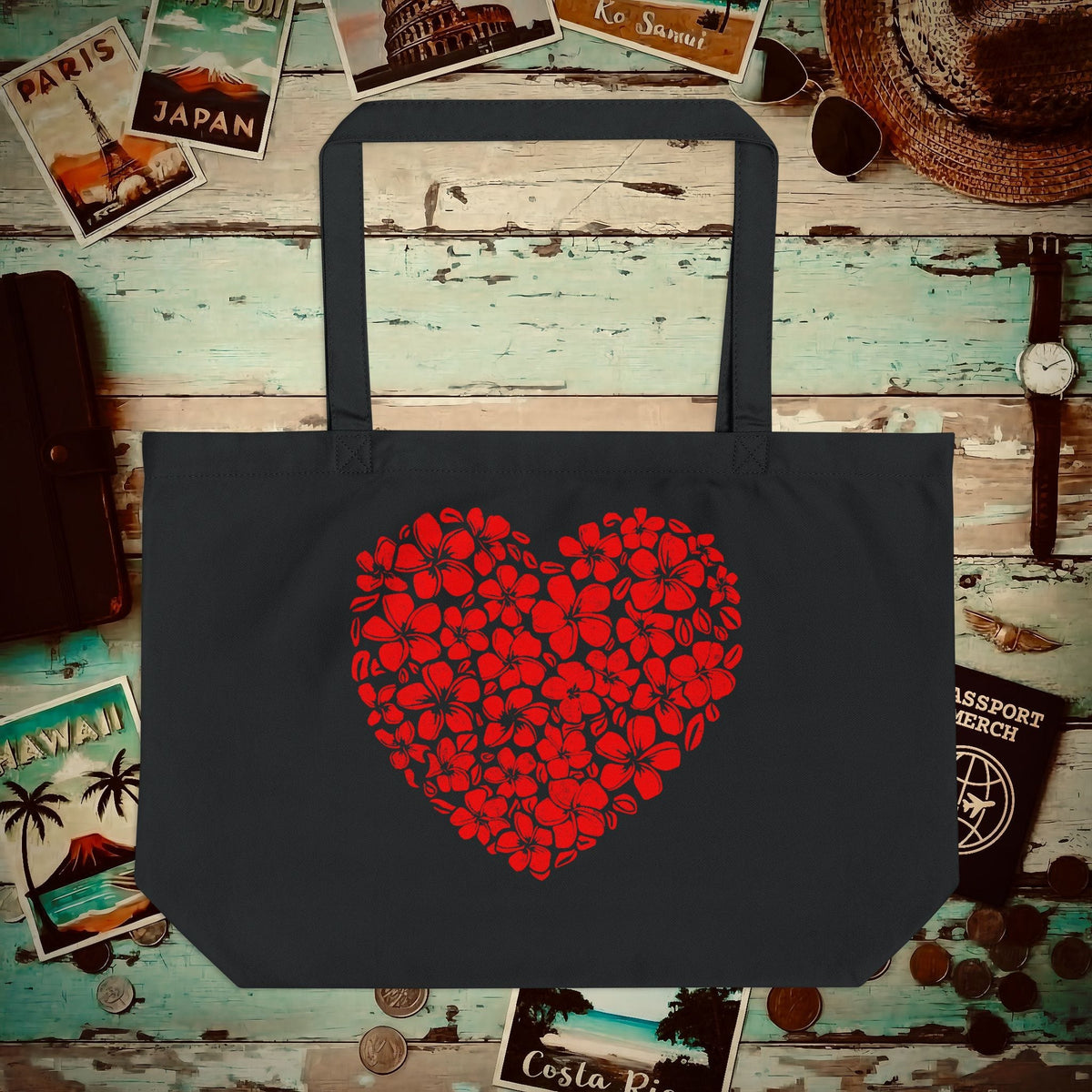 Valentine's Hawaiian Plumeria Heart Organic Tote Black / One size