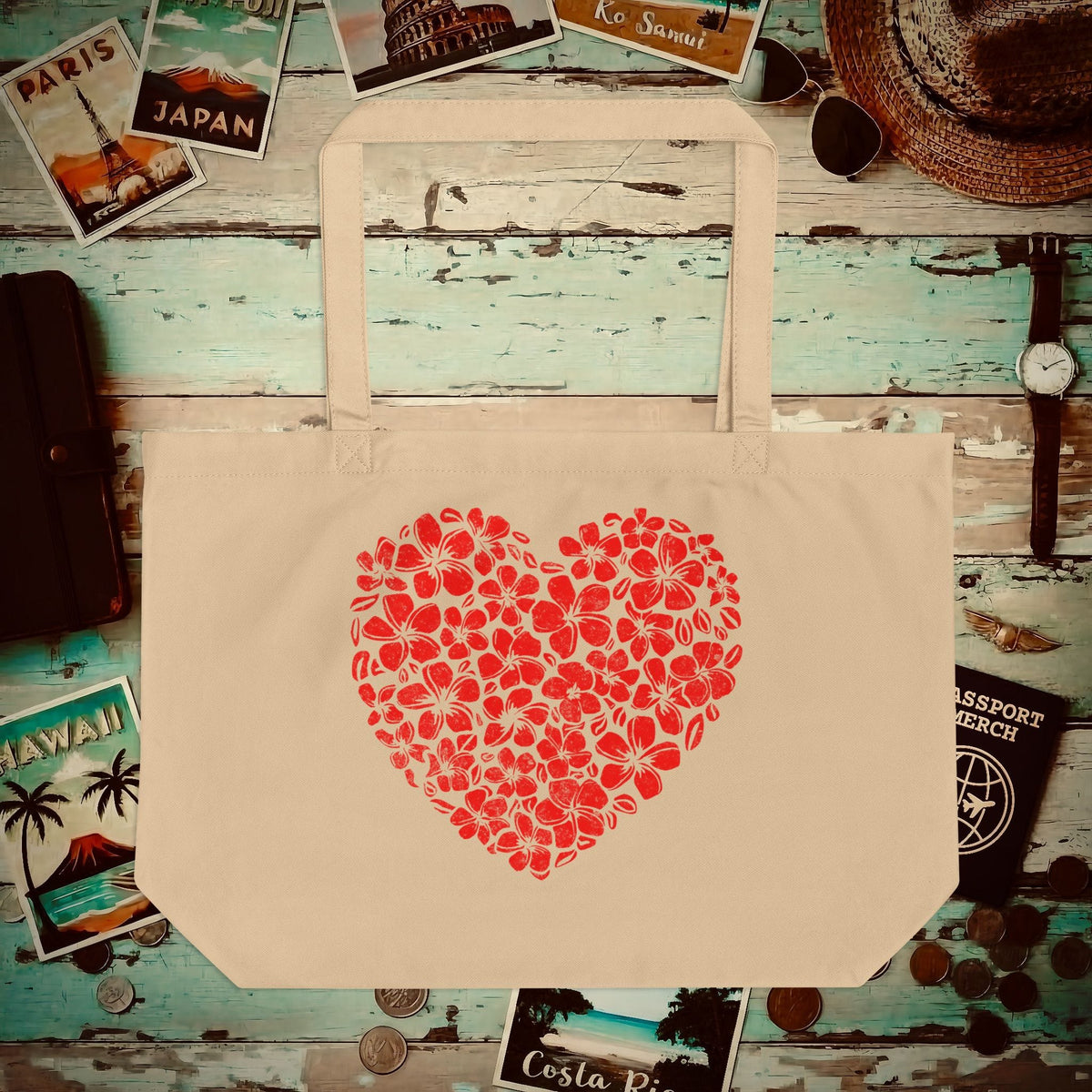 Valentine's Hawaiian Plumeria Heart Organic Tote Oyster / One size