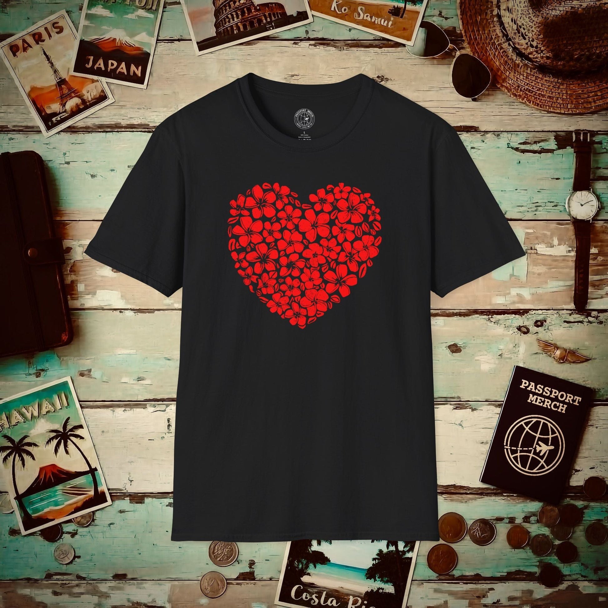 Valentine's Hawaiian Plumeria Heart T-Shirt Black / S