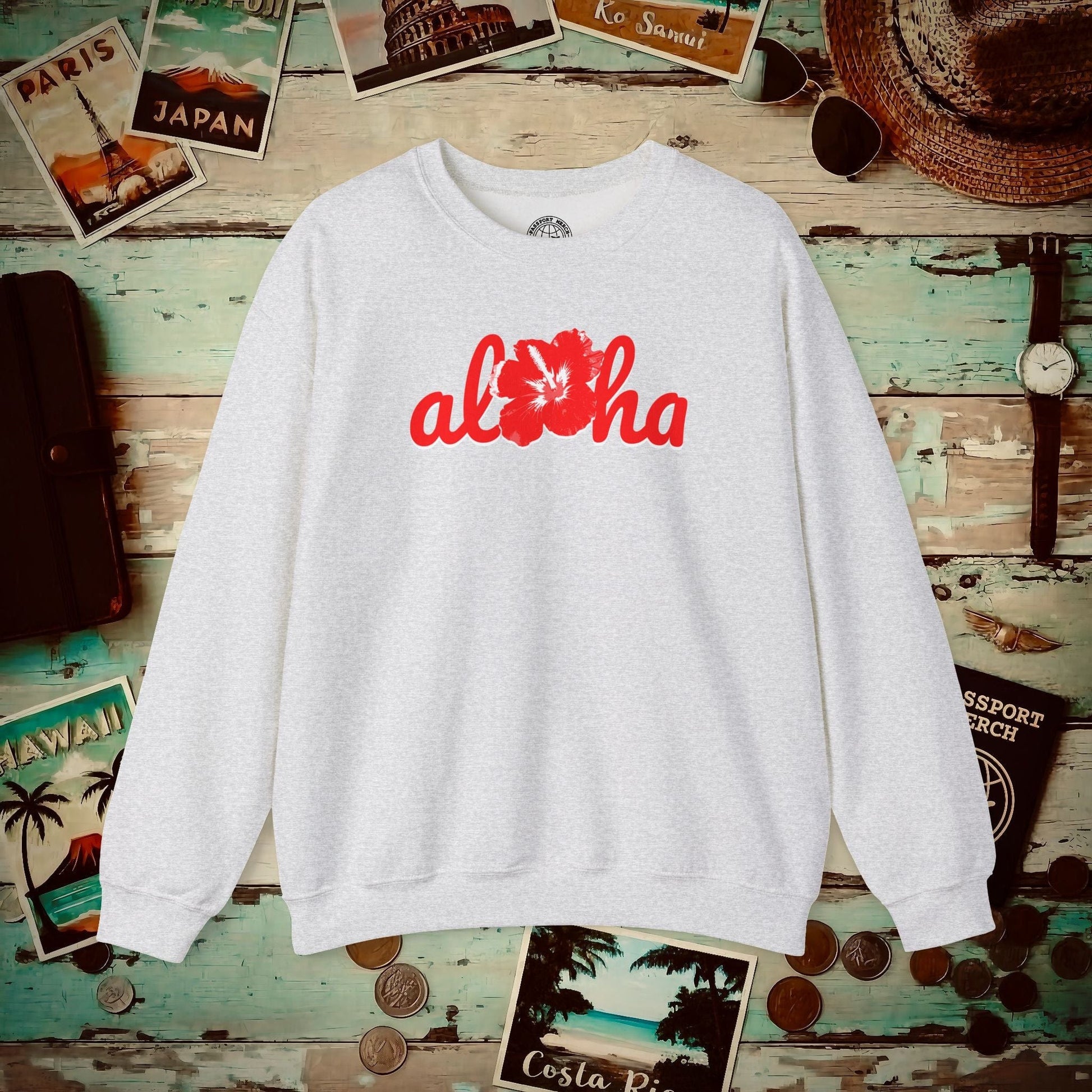 Valentine's Red Aloha Hibiscus, Hawaii Crewneck Ash / S