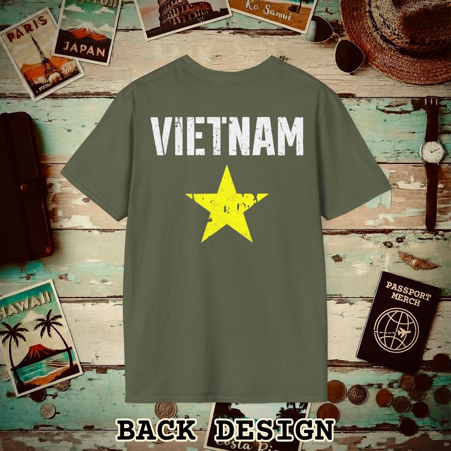 Vietnam Vintage Flag Back Print T-Shirt Military Green / S