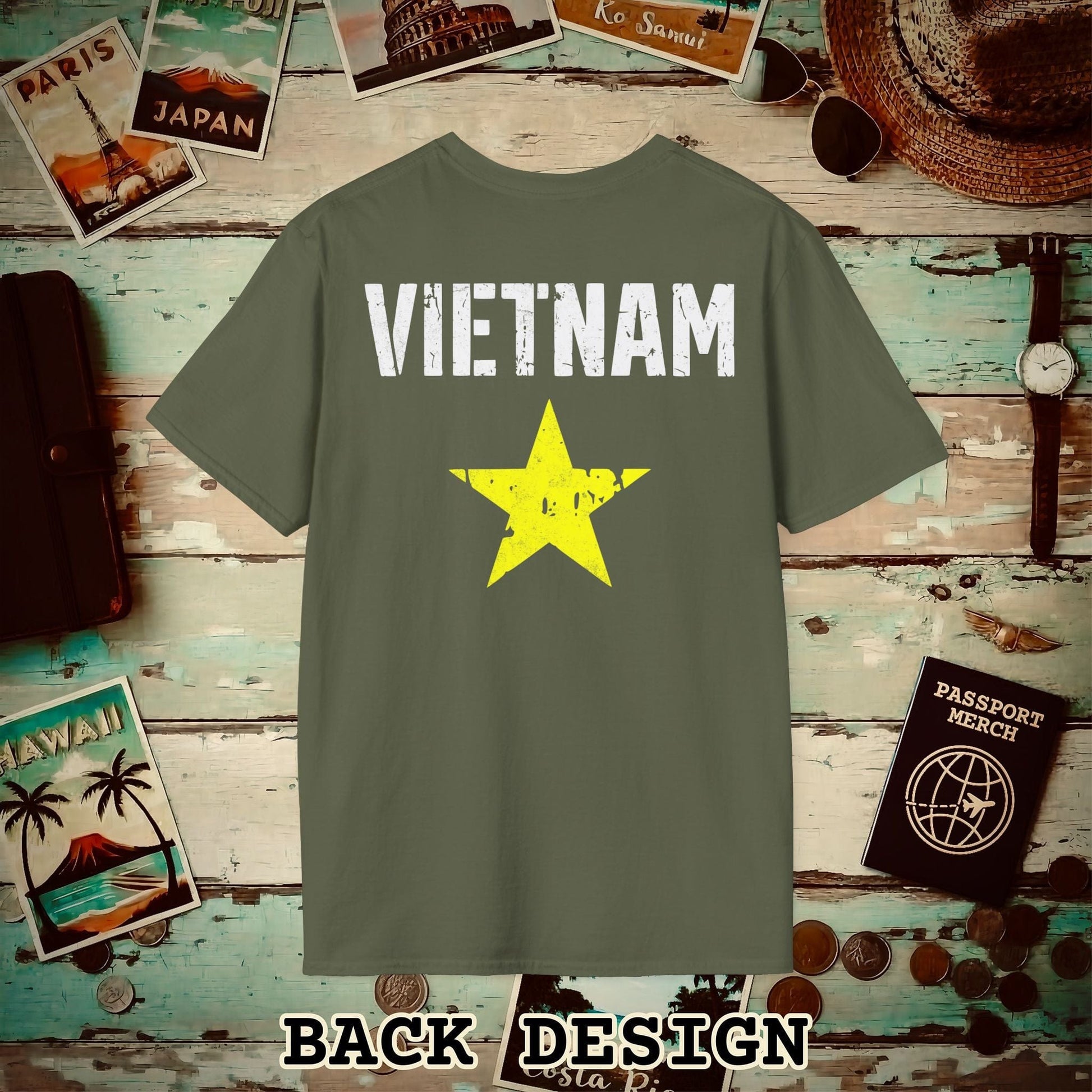 Vietnam Vintage Flag Back Print T-Shirt Military Green / S