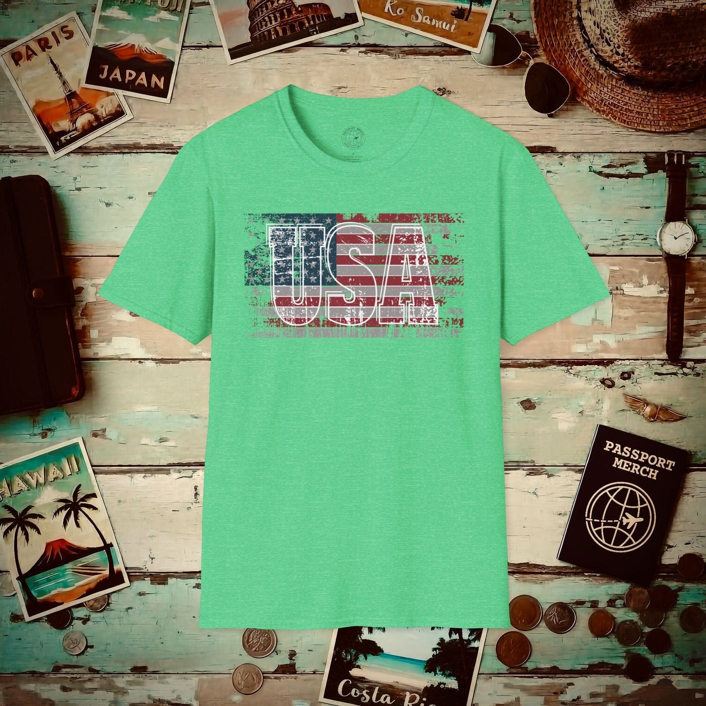 Vintage American Flag Patriotism USA T-Shirt Heather Irish Green / S