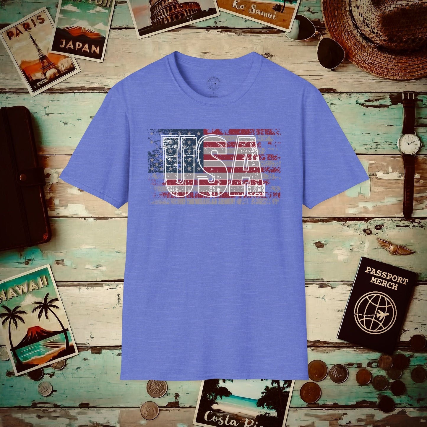 Vintage American Flag Patriotism USA T-Shirt Heather Royal / S