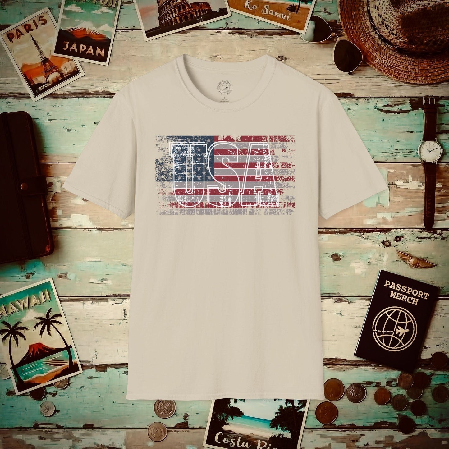 Vintage American Flag Patriotism USA T-Shirt Sand / S