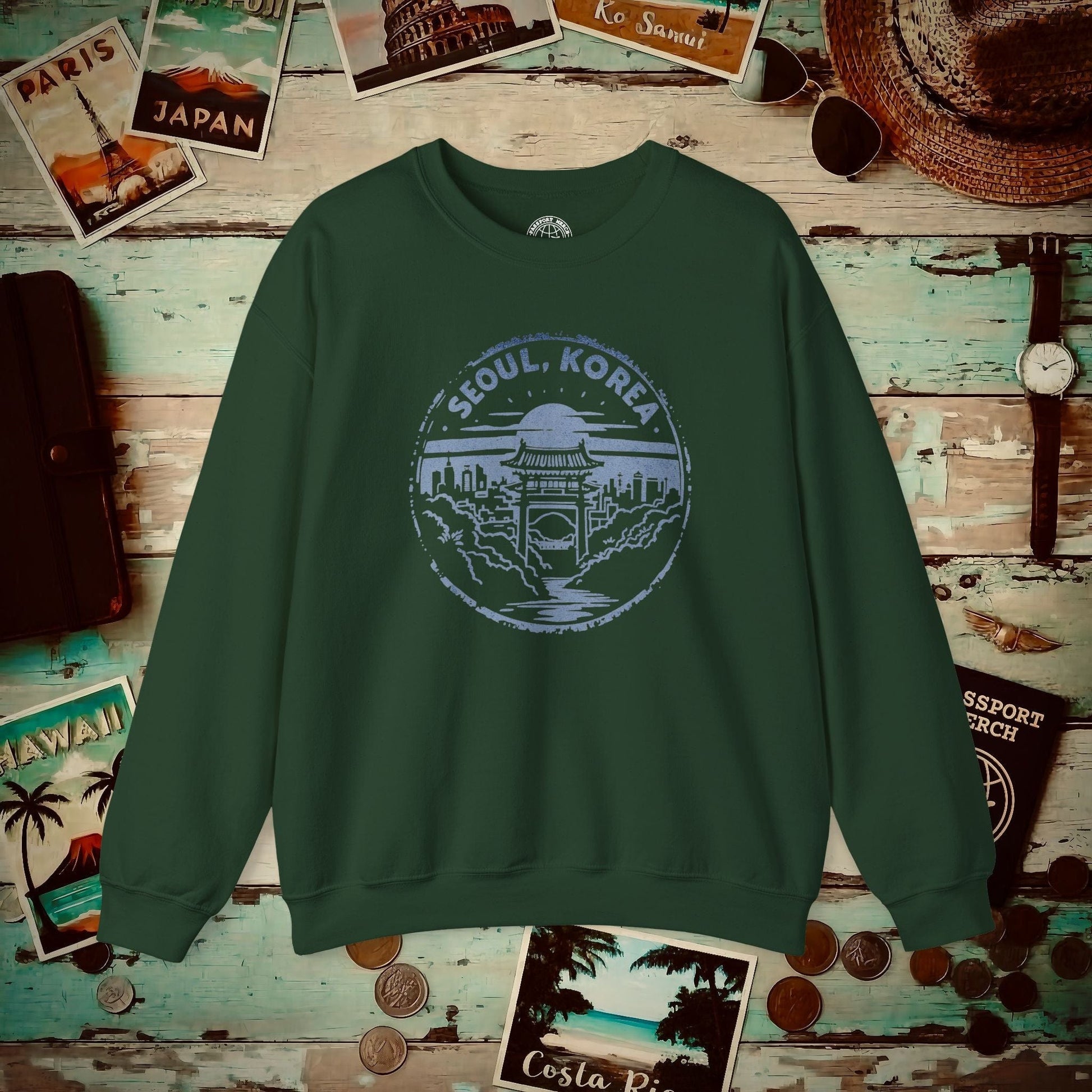 Vintage Badge, Seoul Korea Crewneck Forest Green / S