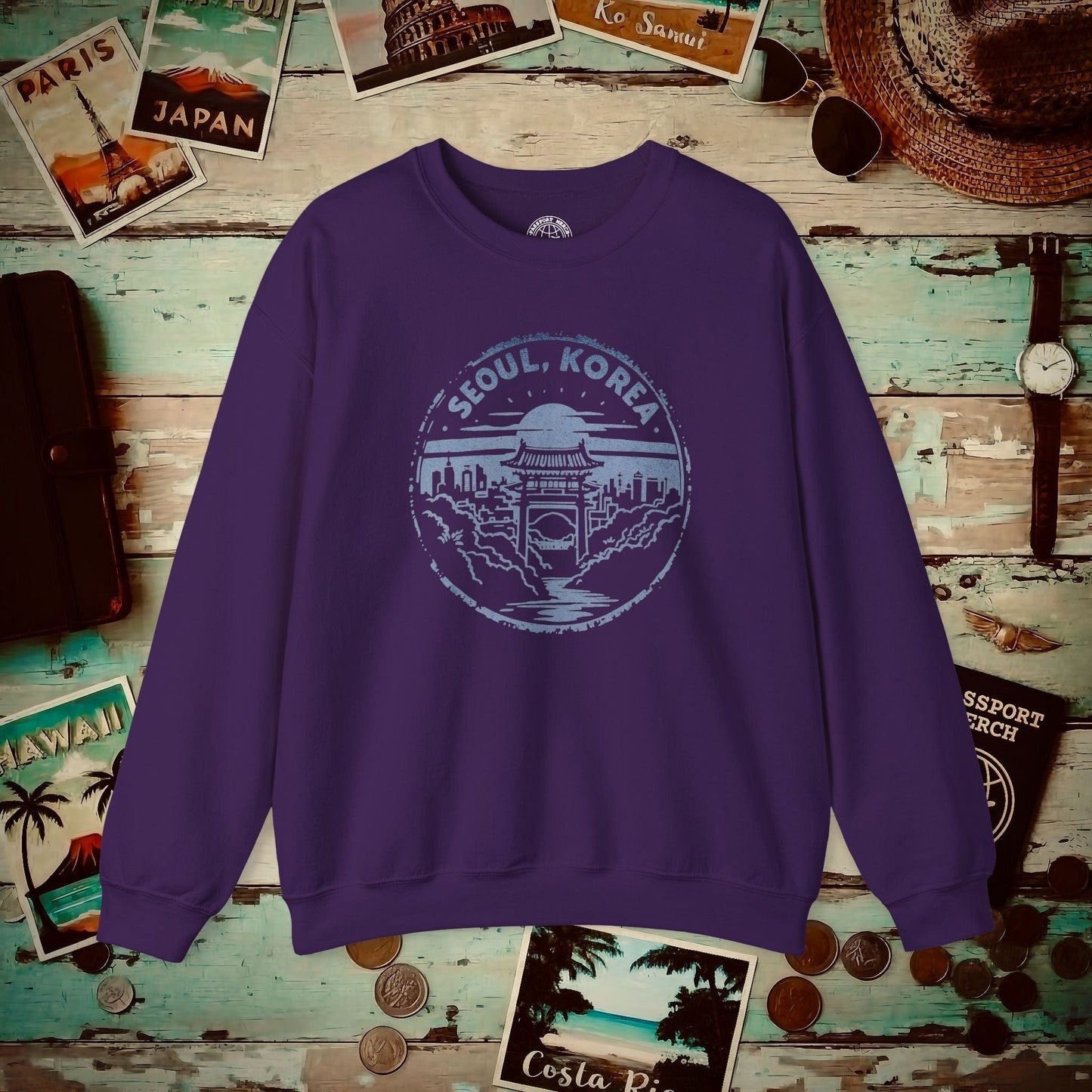Vintage Badge, Seoul Korea Crewneck Purple / S