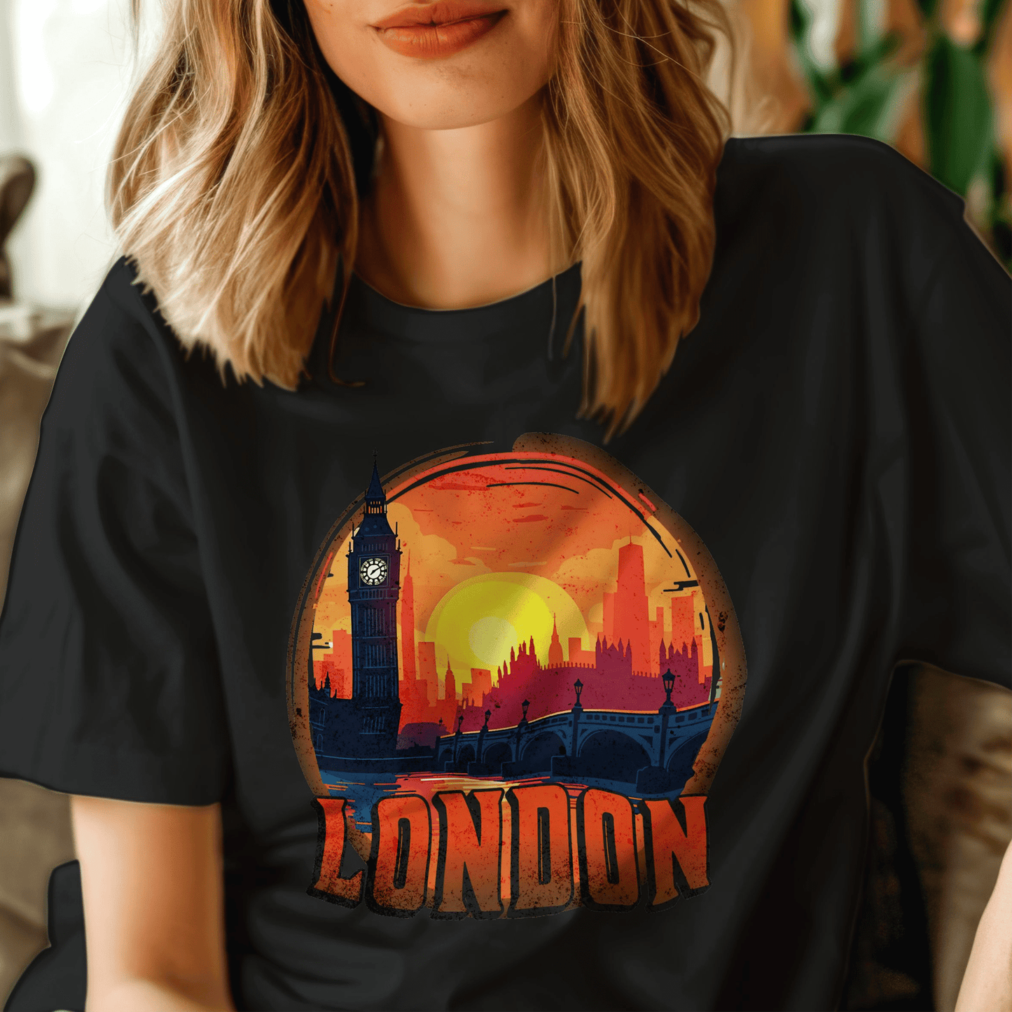 Vintage Big Ben Sunset, London, England T-Shirt Black / S