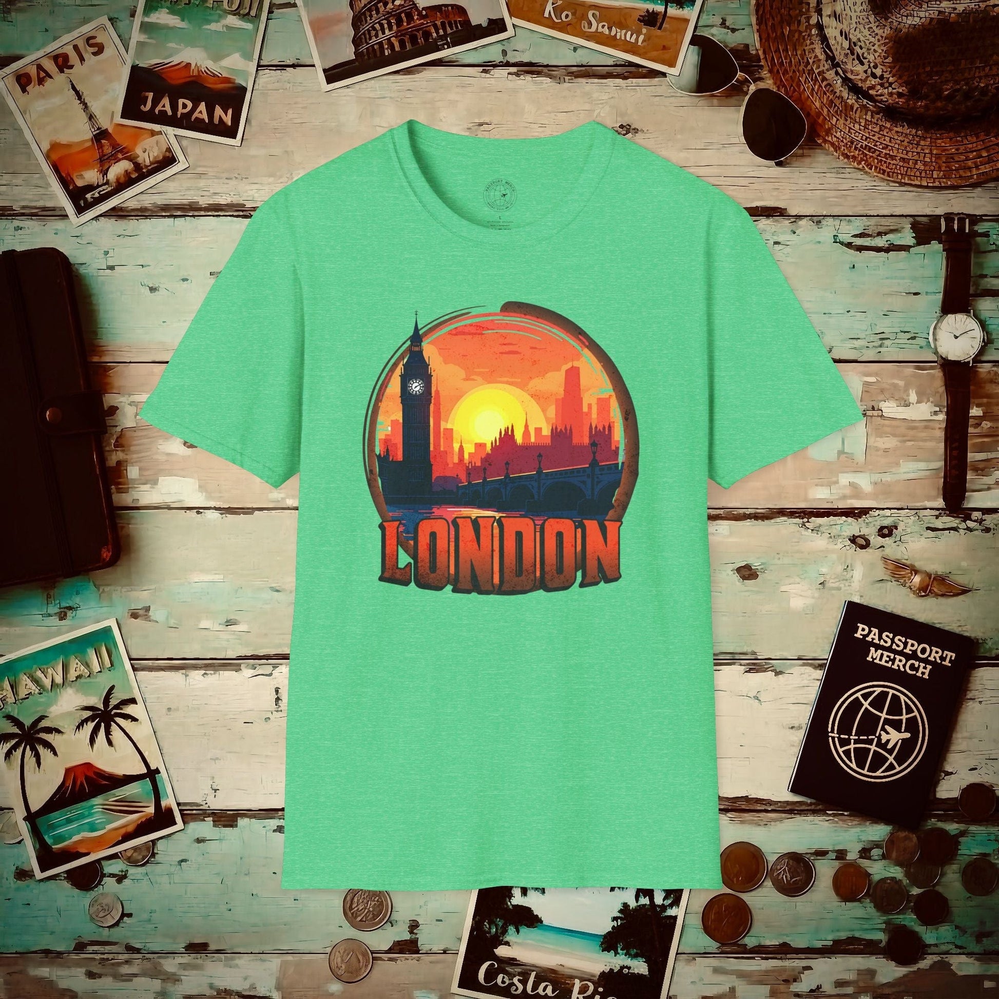 Vintage Big Ben Sunset, London, England T-Shirt Heather Irish Green / S