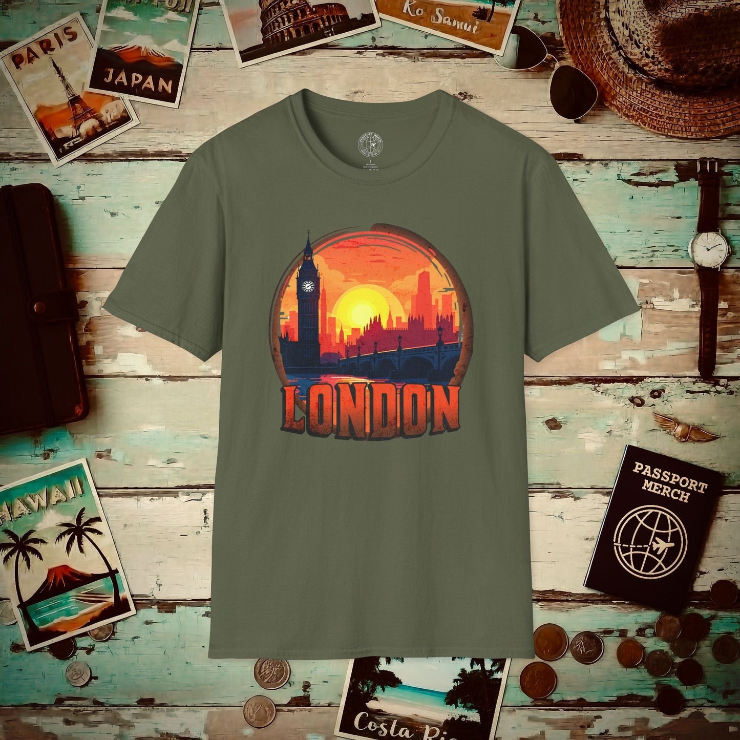 Vintage Big Ben Sunset, London, England T-Shirt Military Green / S
