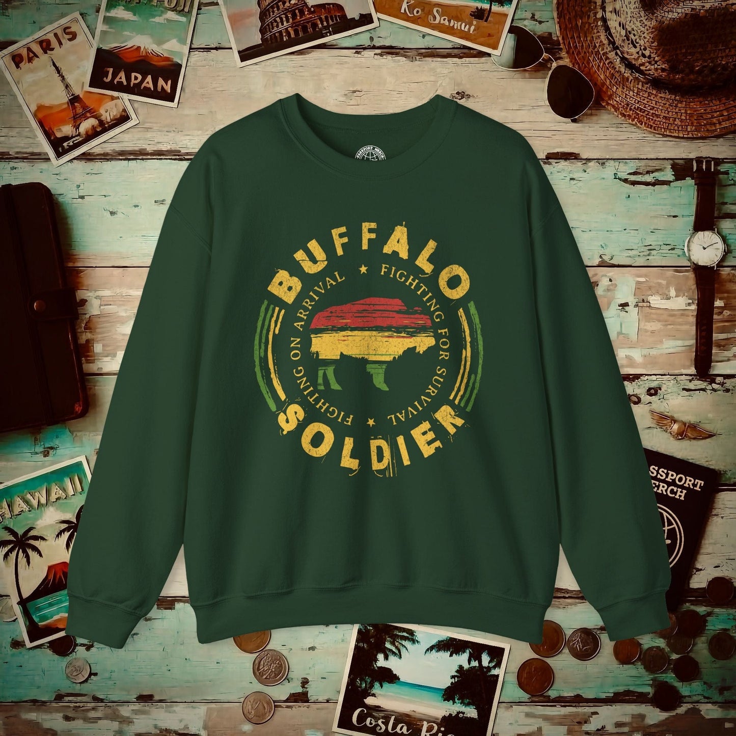 Vintage Buffalo Soldier, Jamaica Crewneck Forest Green / S