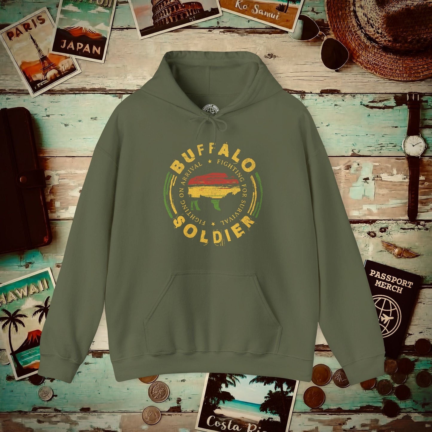 Vintage Buffalo Soldier, Jamaica Hoodie Military Green / S