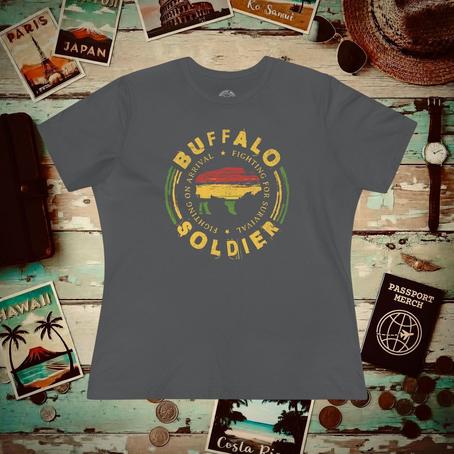 Vintage Buffalo Soldier, Jamaica, Womens Fit T-Shirt Asphalt / S