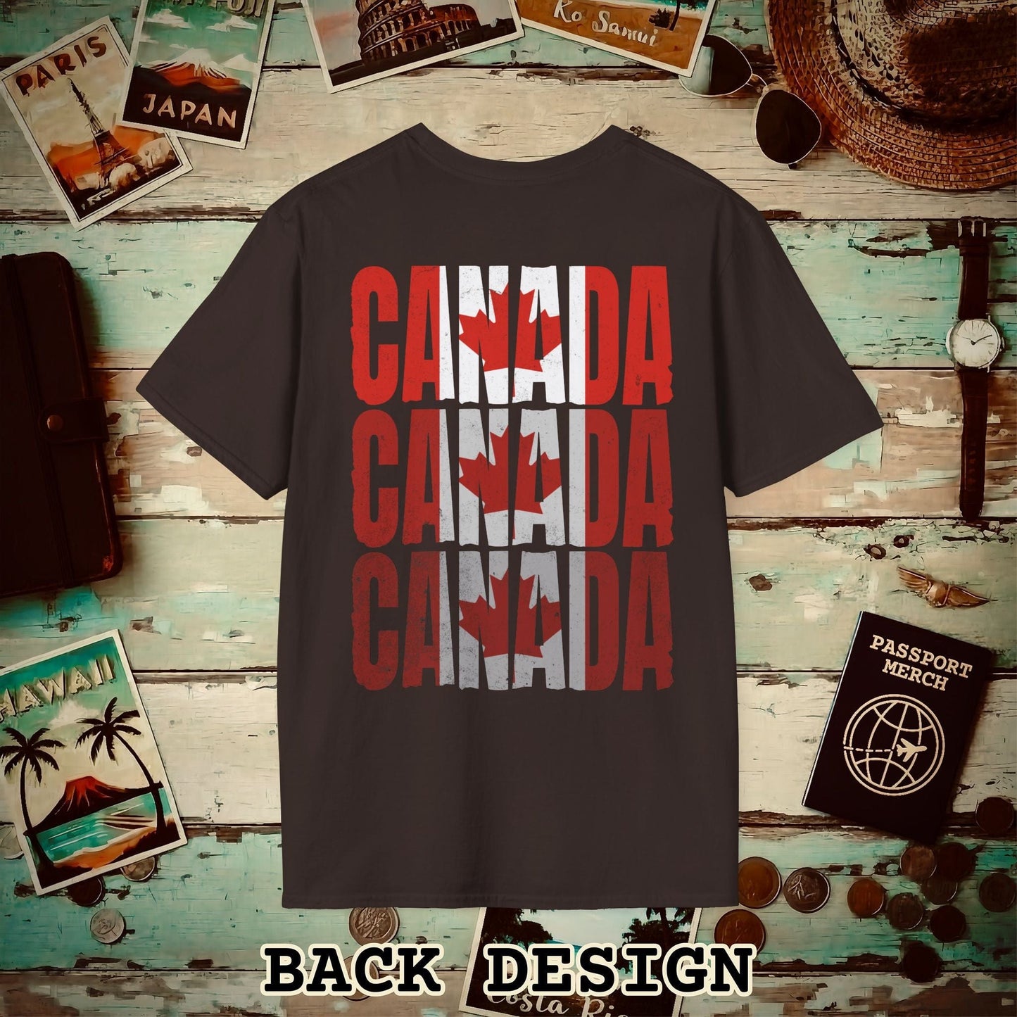 Vintage Canada Patriotism Letter Flag, Back Print T-Shirt Dark Chocolate / S