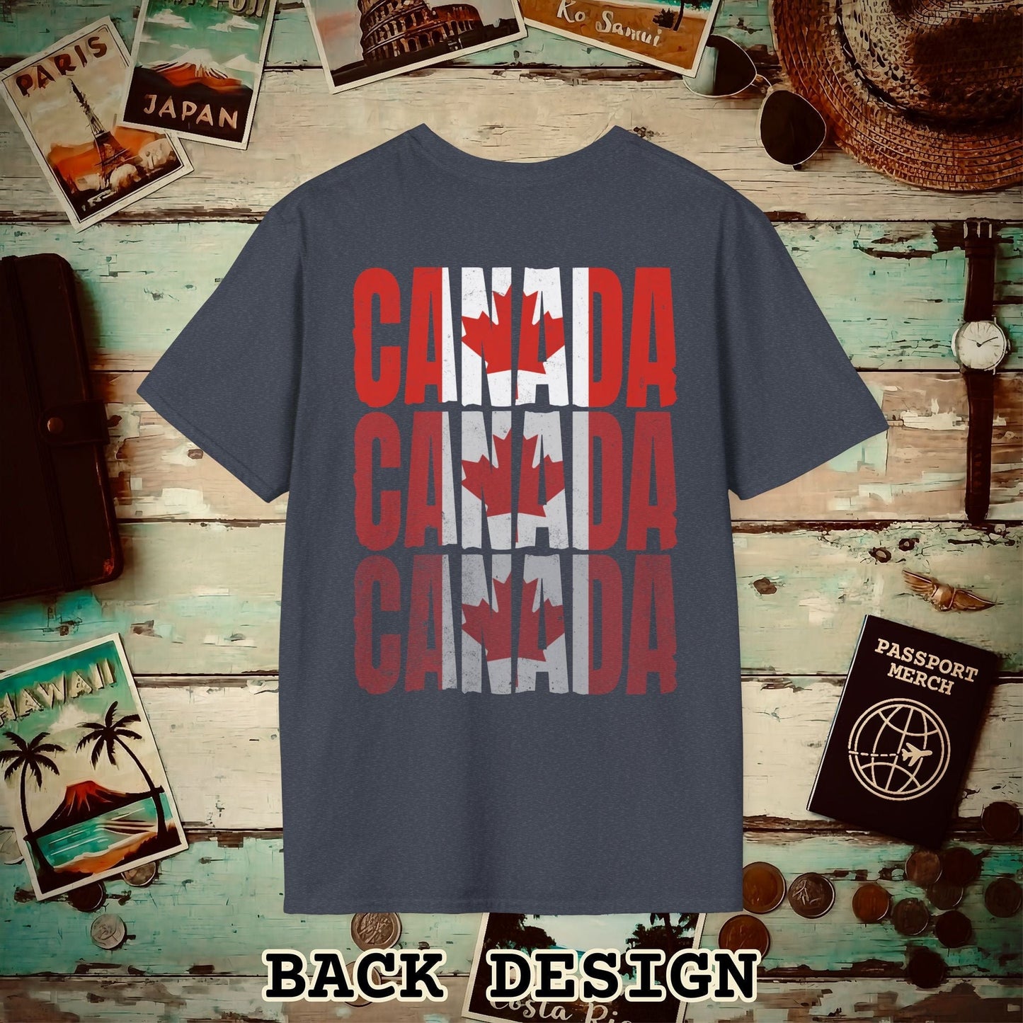 Vintage Canada Patriotism Letter Flag, Back Print T-Shirt Heather Navy / S