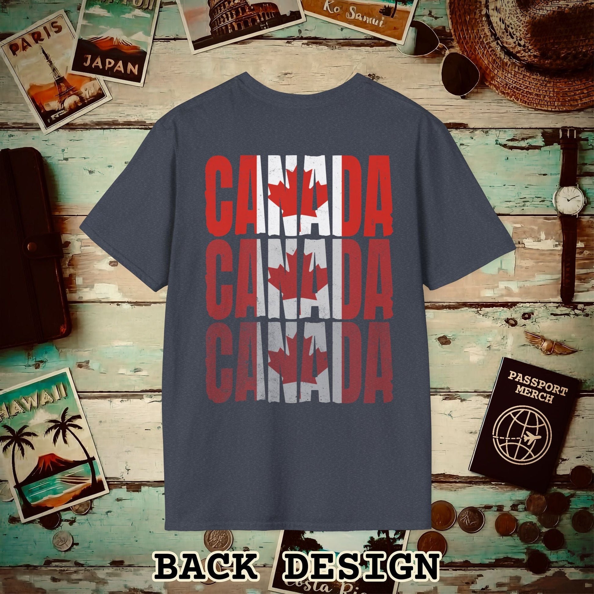 Vintage Canada Patriotism Letter Flag, Back Print T-Shirt Heather Navy / S