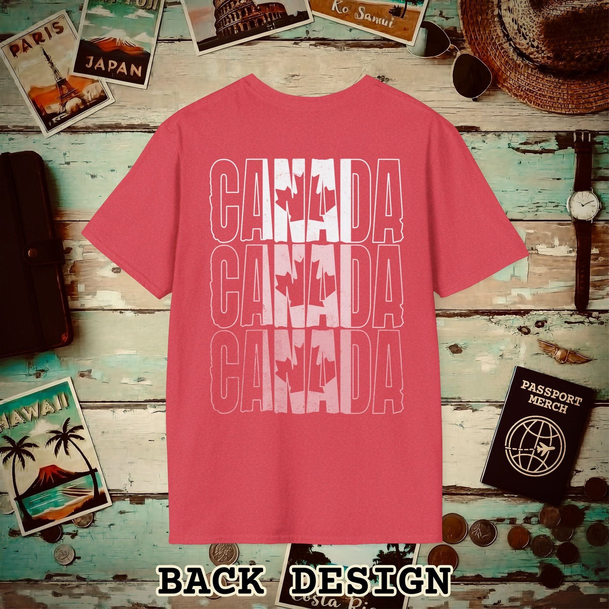 Vintage Canada Patriotism Letter Flag, Back Print T-Shirt Heather Red / S
