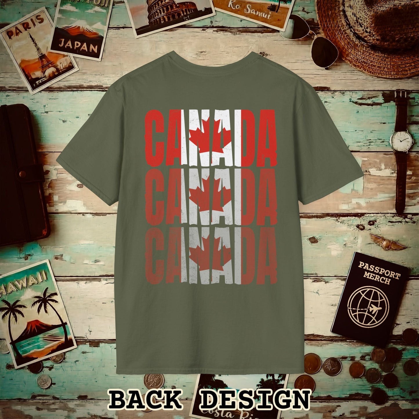 Vintage Canada Patriotism Letter Flag, Back Print T-Shirt Military Green / S