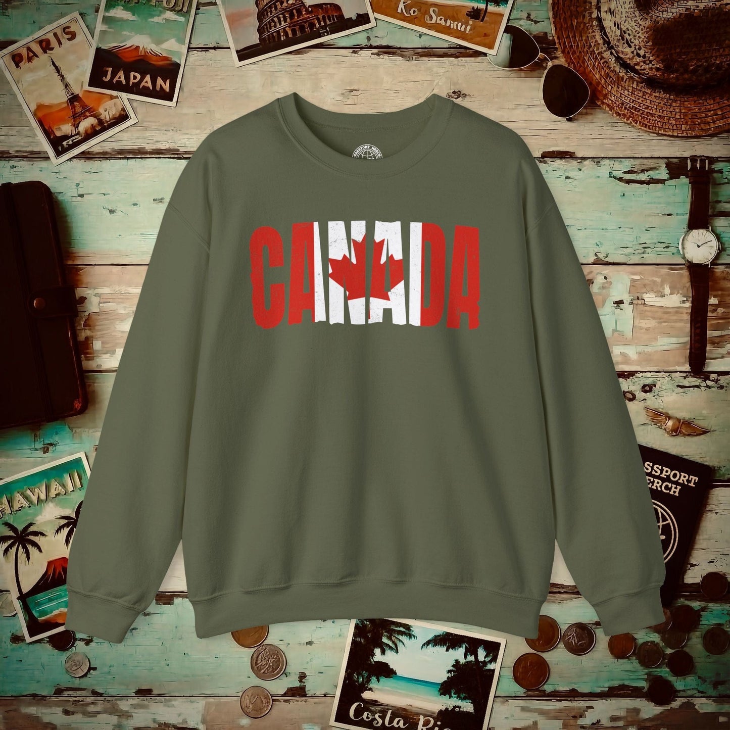 Vintage Canada Patriotism Letter Flag Crewneck Military Green / S
