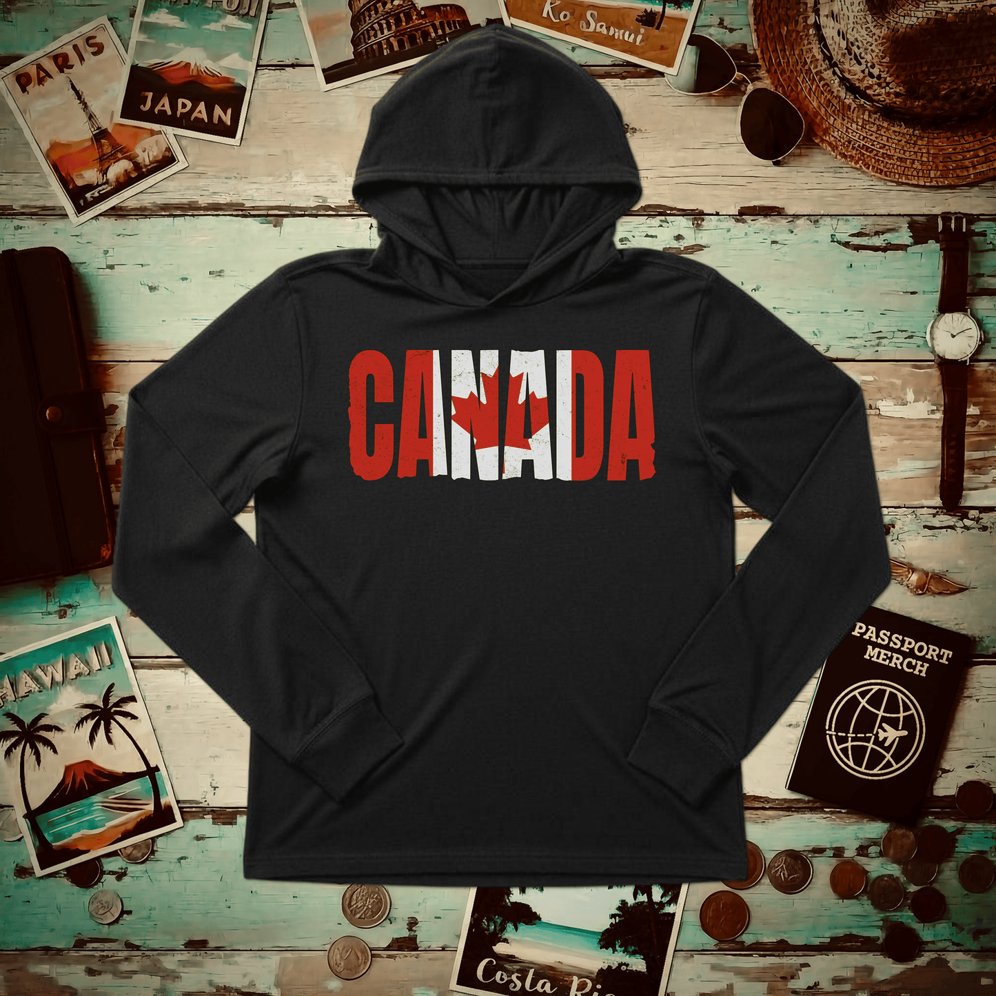 Vintage Canada Patriotism Letter Flag Hooded Long Sleeve Black / S