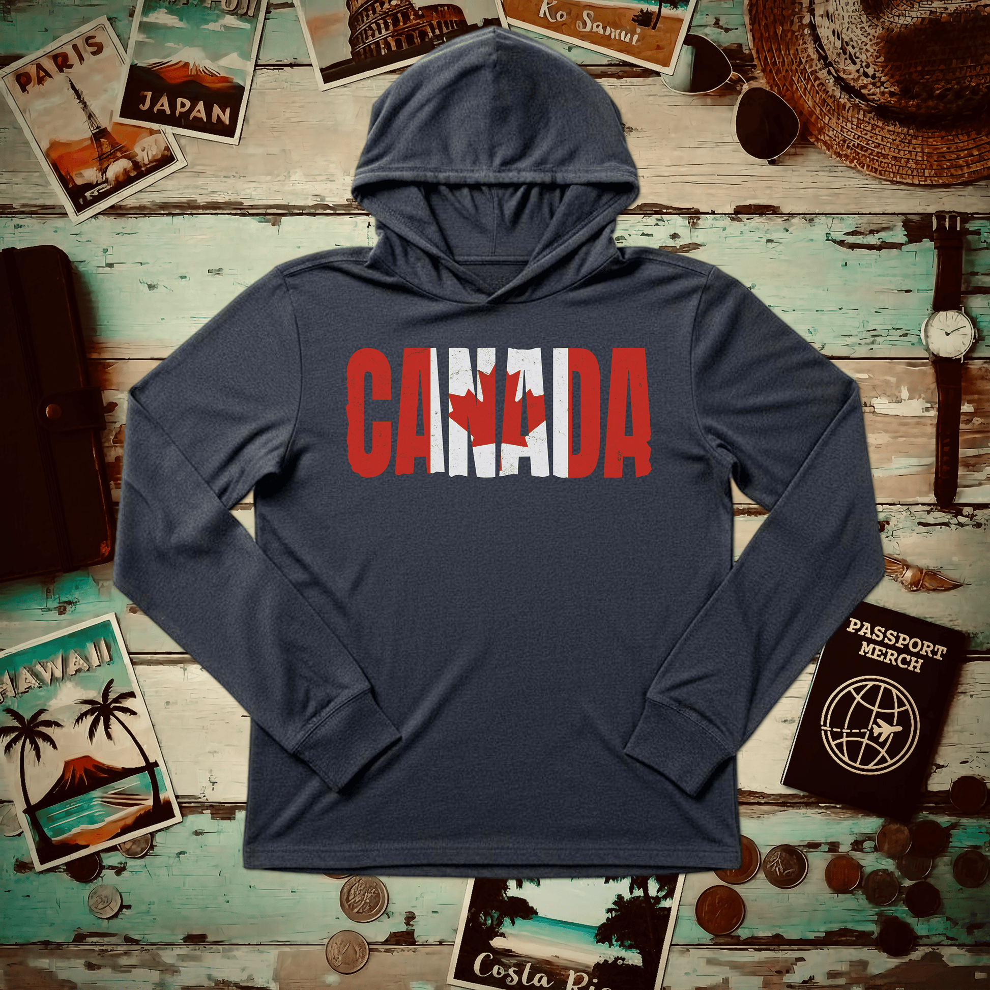 Vintage Canada Patriotism Letter Flag Hooded Long Sleeve Heather Navy / XS