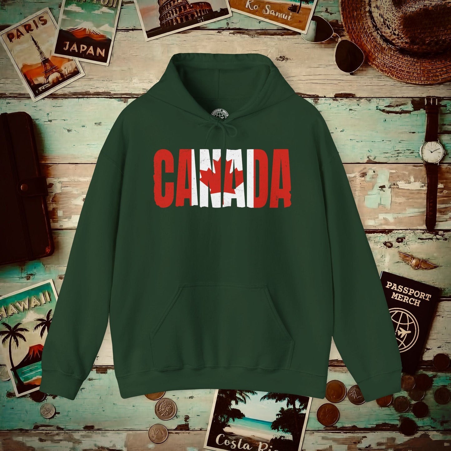 Vintage Canada Patriotism Letter Flag Hoodie Forest Green / S