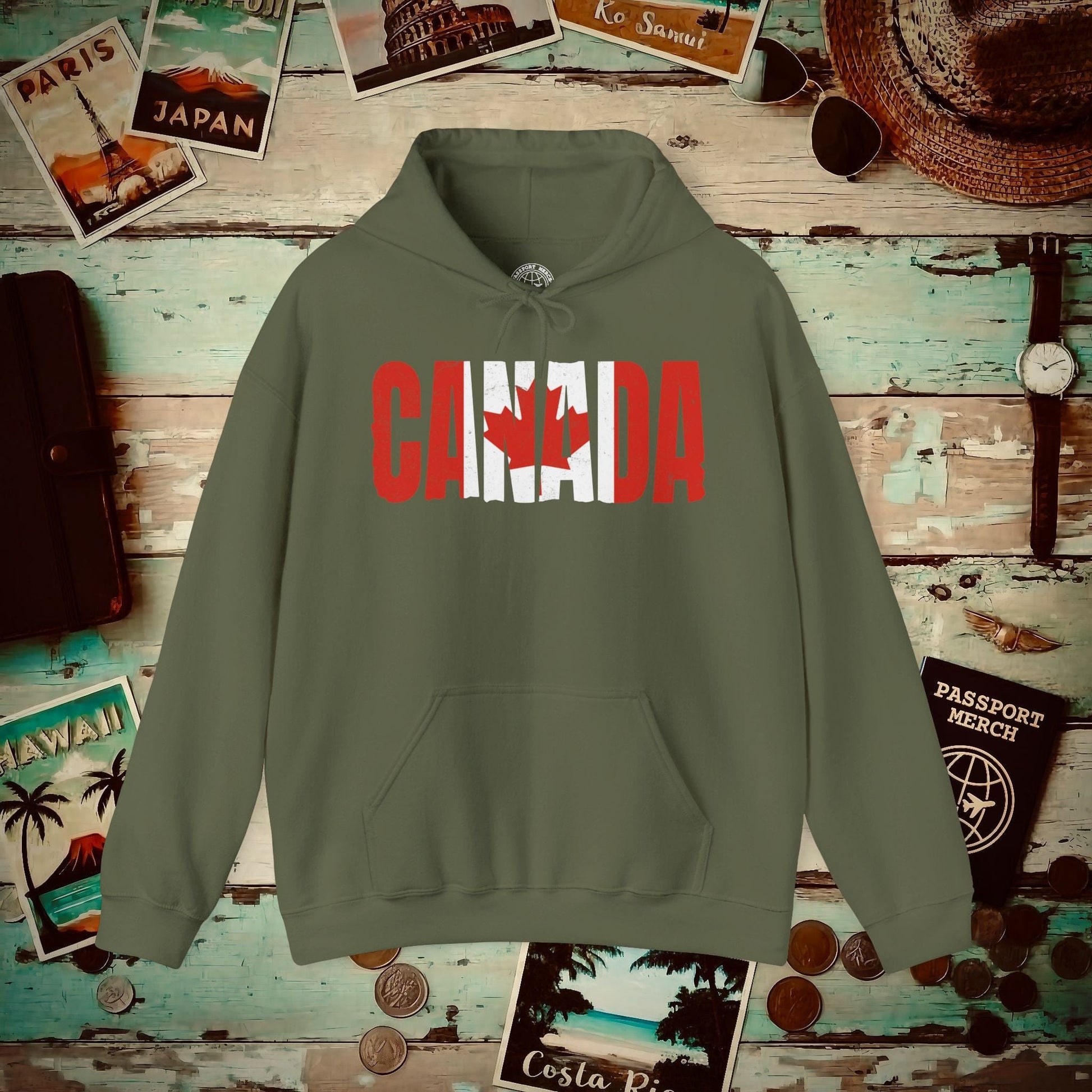 Vintage Canada Patriotism Letter Flag Hoodie Military Green / S