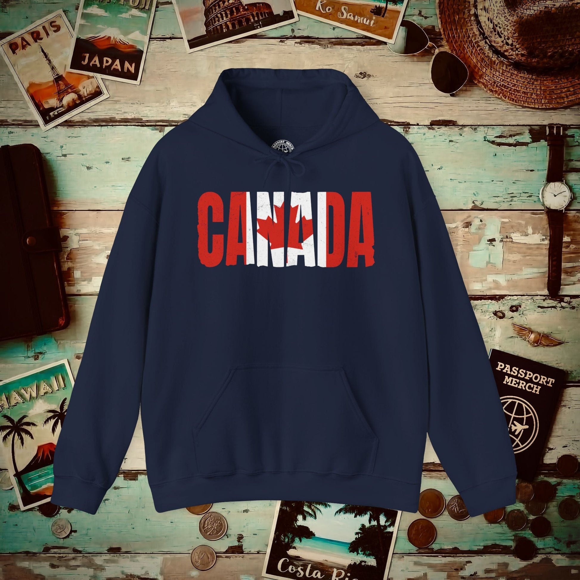 Vintage Canada Patriotism Letter Flag Hoodie Navy / S