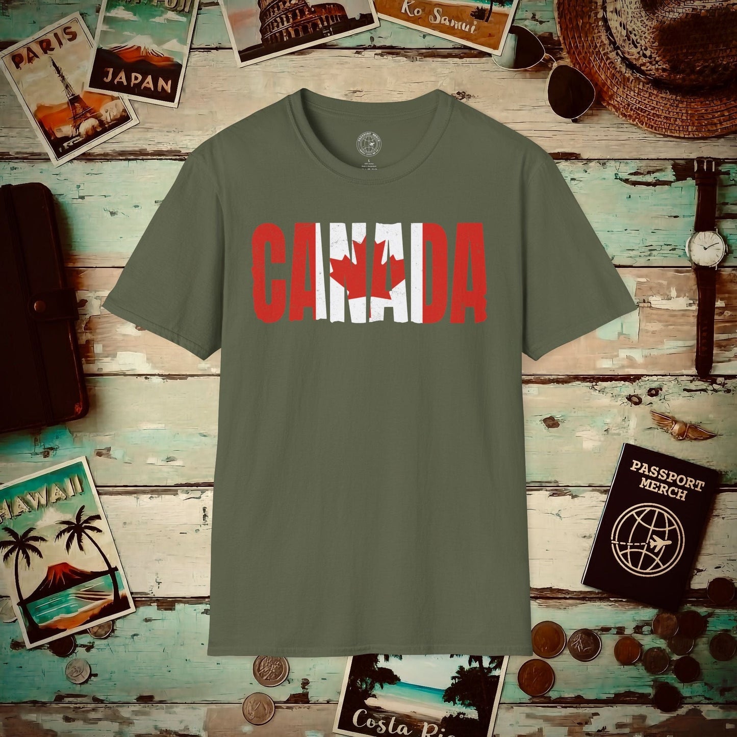 Vintage Canada Patriotism Letter Flag T-Shirt Military Green / S