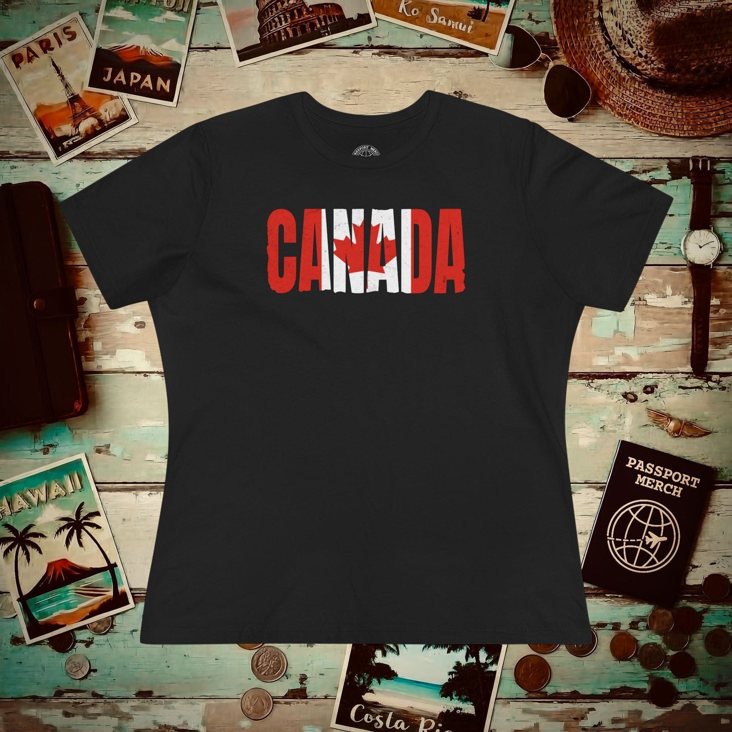 Vintage Canada Patriotism Letter Flag, Womens Fit T-Shirt Black / S