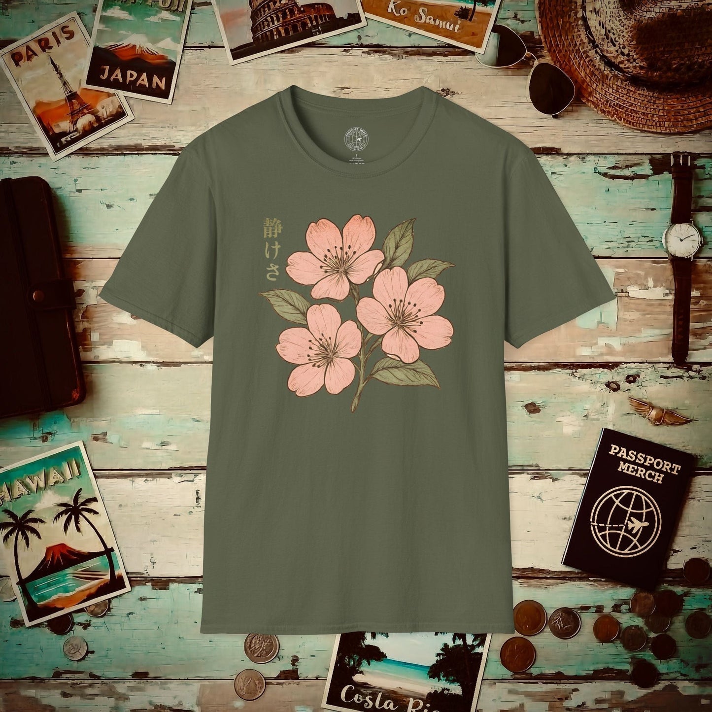 Vintage Cherry Blossom Shizukesa (Serenity), Japan T-Shirt Military Green / S