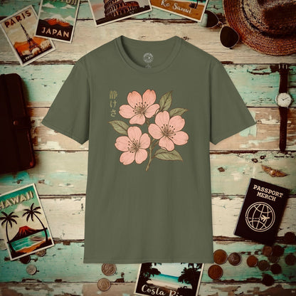 Vintage Cherry Blossom Shizukesa (Serenity), Japan T-Shirt Military Green / S