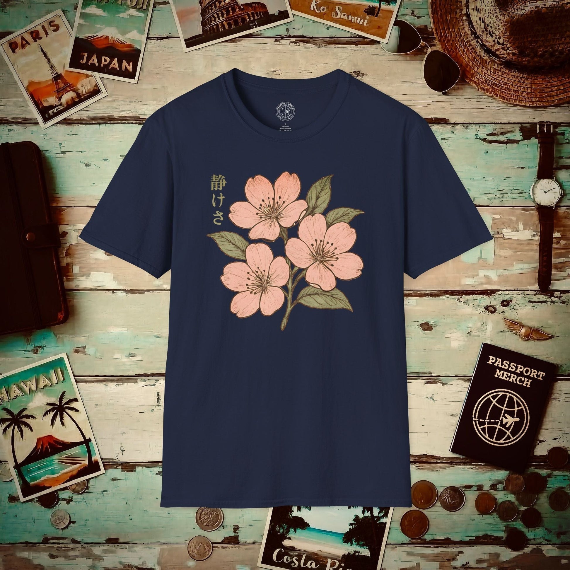 Vintage Cherry Blossom Shizukesa (Serenity), Japan T-Shirt Navy / S