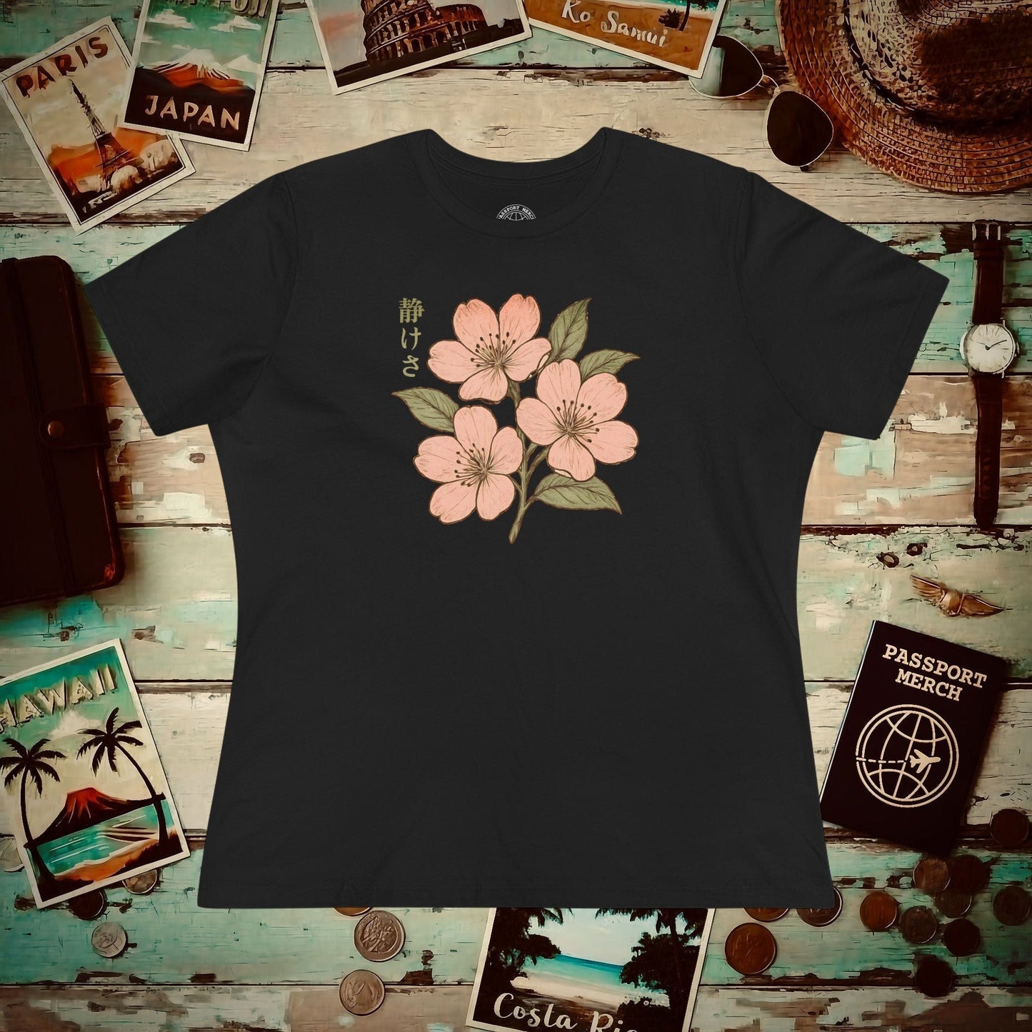 Vintage Cherry Blossom Shizukesa (Serenity), Japan, Womens Fit T-Shirt Black / S