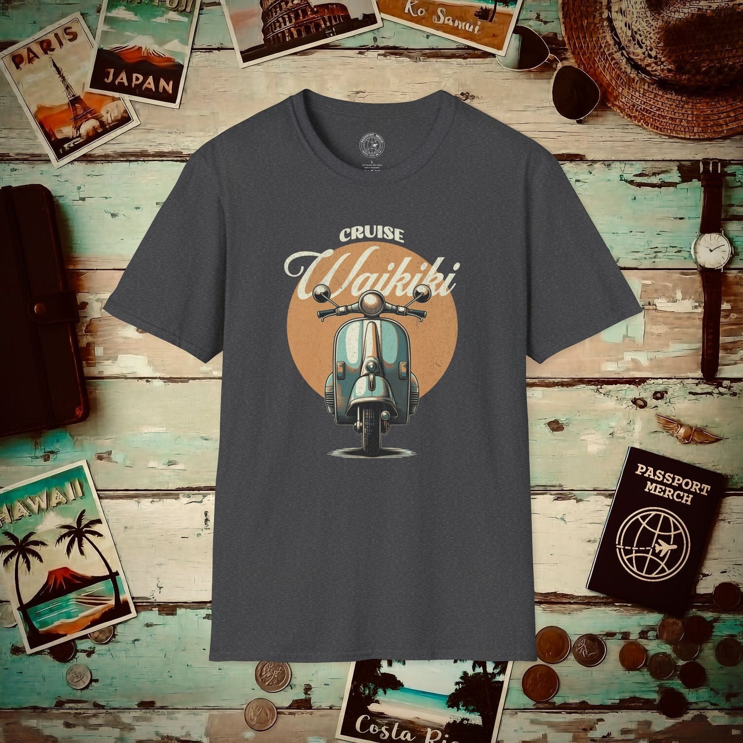 Vintage Cruise Waikiki Moped, Hawaii T-Shirt Dark Heather / S