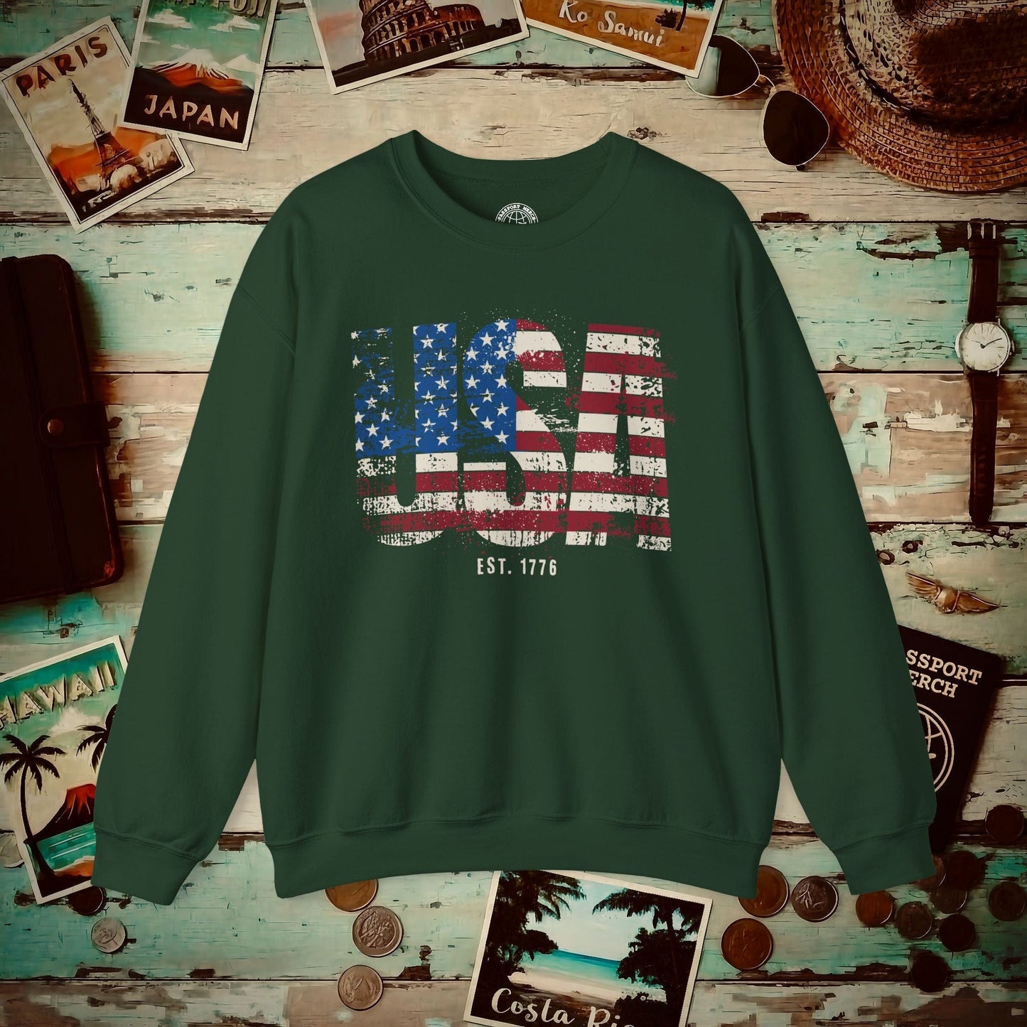 Vintage Distressed USA Letter Flag Crewneck Forest Green / S