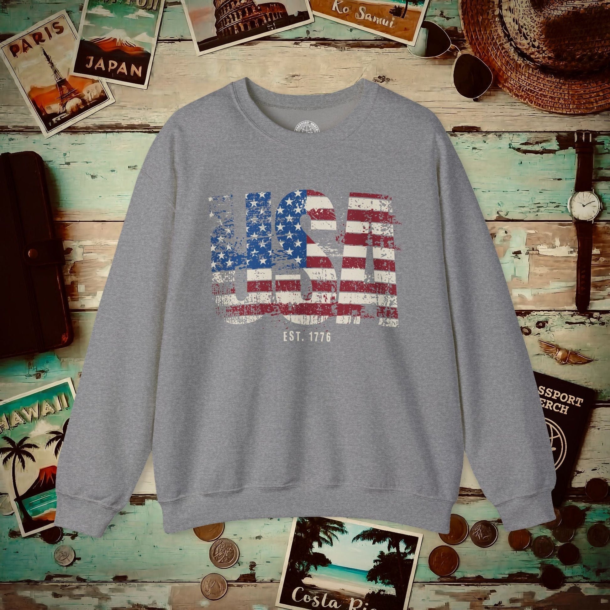 Vintage Distressed USA Letter Flag Crewneck Graphite Heather / S