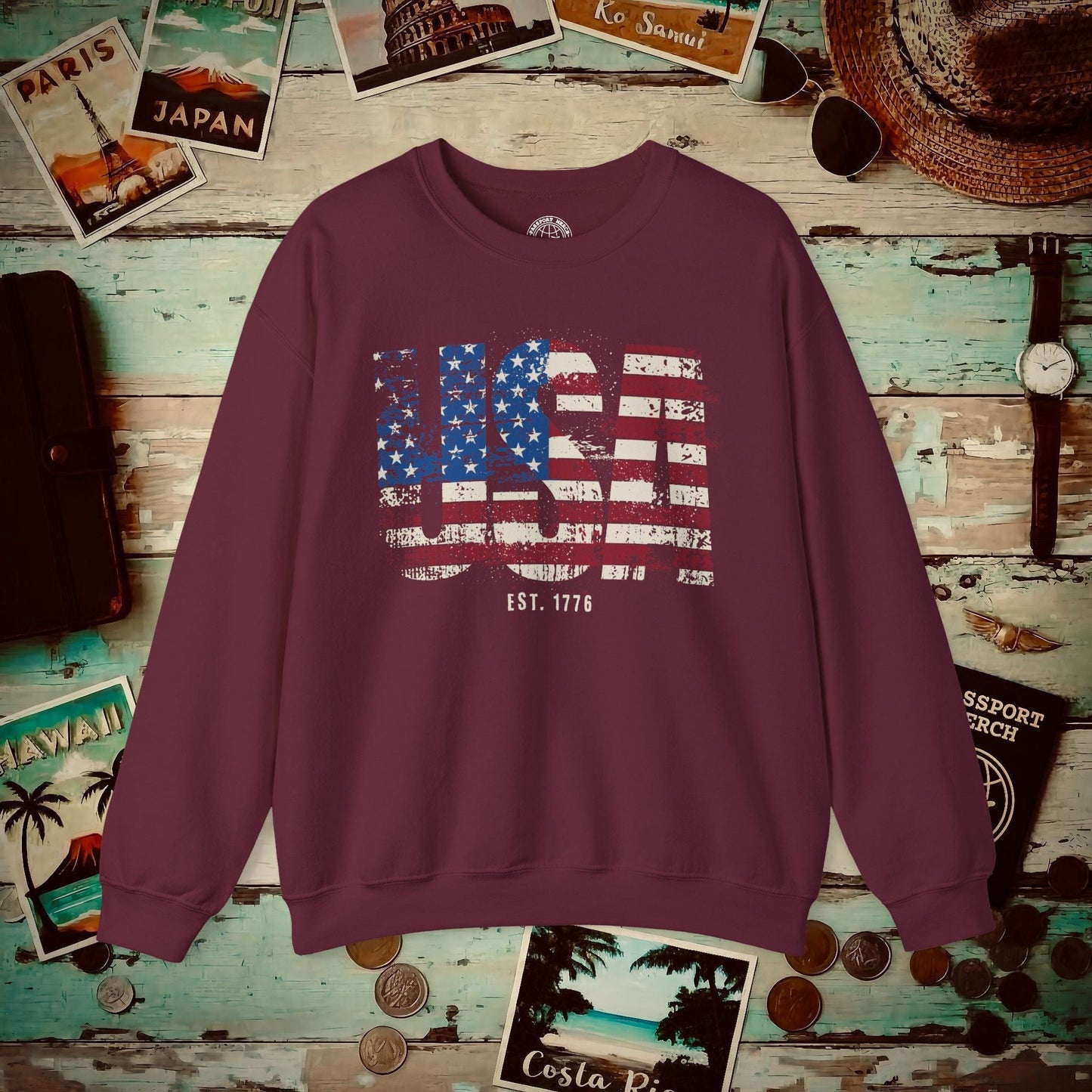 Vintage Distressed USA Letter Flag Crewneck Maroon / S