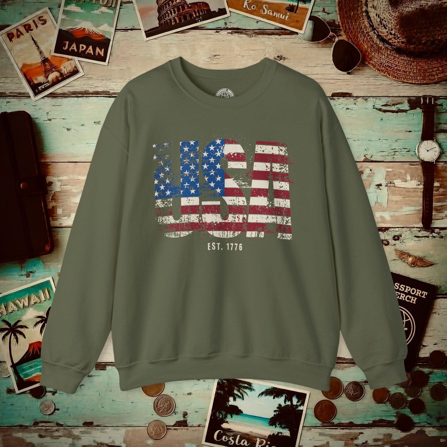 Vintage Distressed USA Letter Flag Crewneck Military Green / S